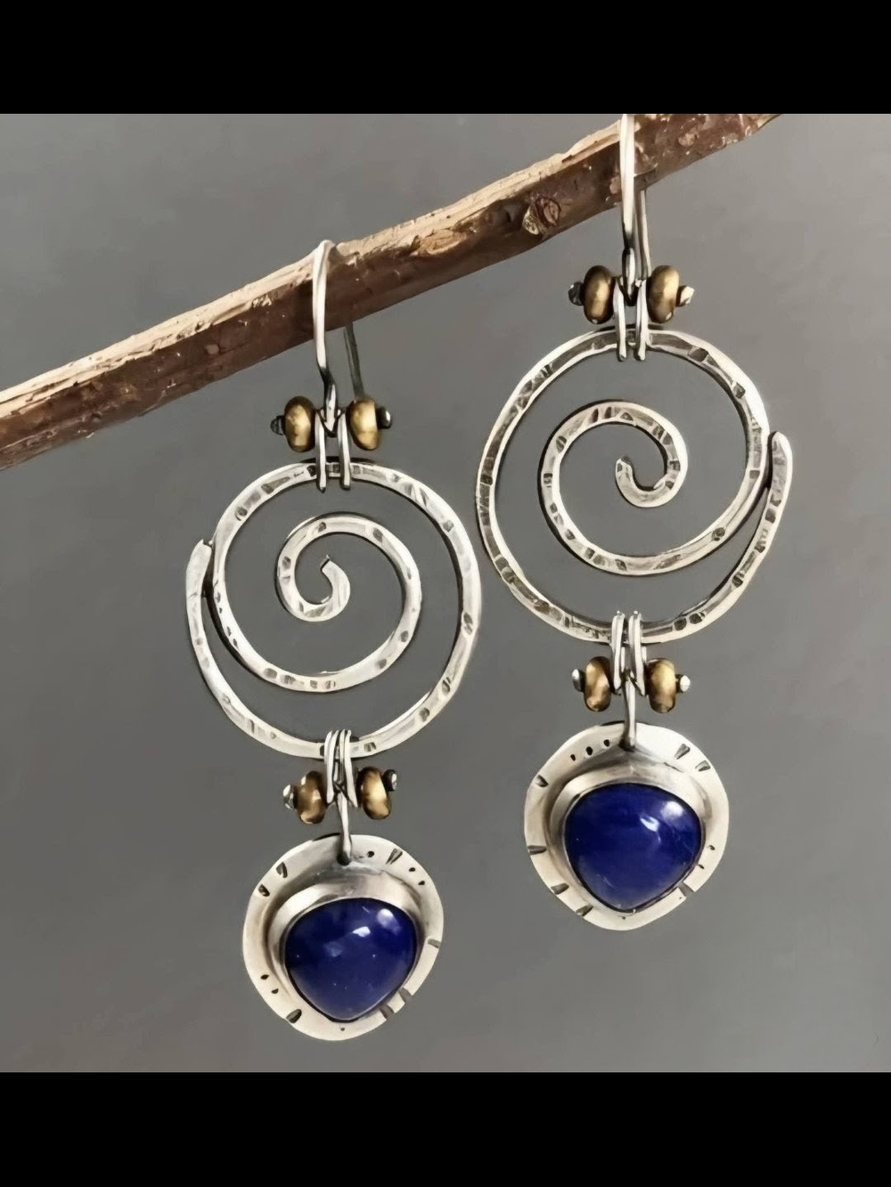 Silver Spiral Drop Earrings Boho Or Western Style Lapis Color Blue Stones New